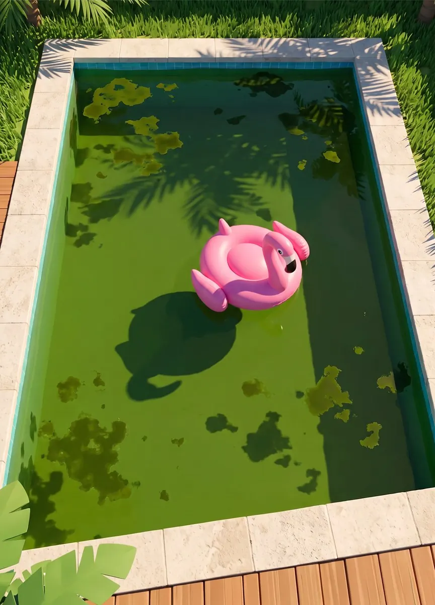 Piscina rectangular con el agua verde y un flotador rosado de flamenco