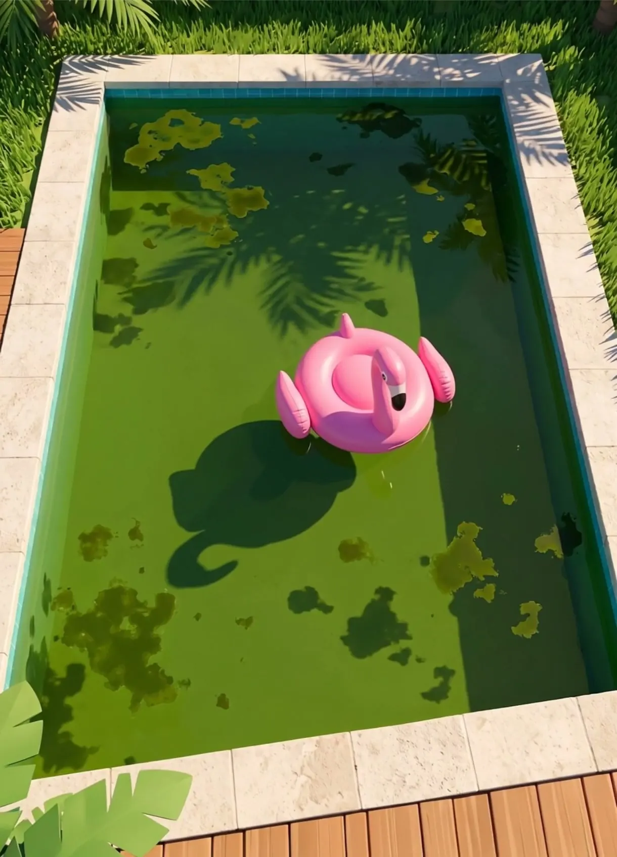 Piscina con el agua verde y manchas de algas, con un flotador rosado en forma de flamenco