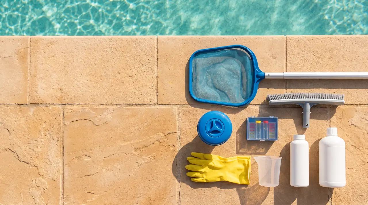 Implementos de mantención ordenados al borde de una piscina: red, cepillo, dosificador flotante, guantes y envases
