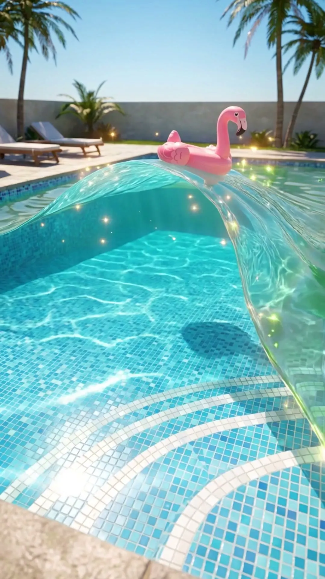 Agua cristalina de una piscina con escalera de mosaico y reflejos de sol
