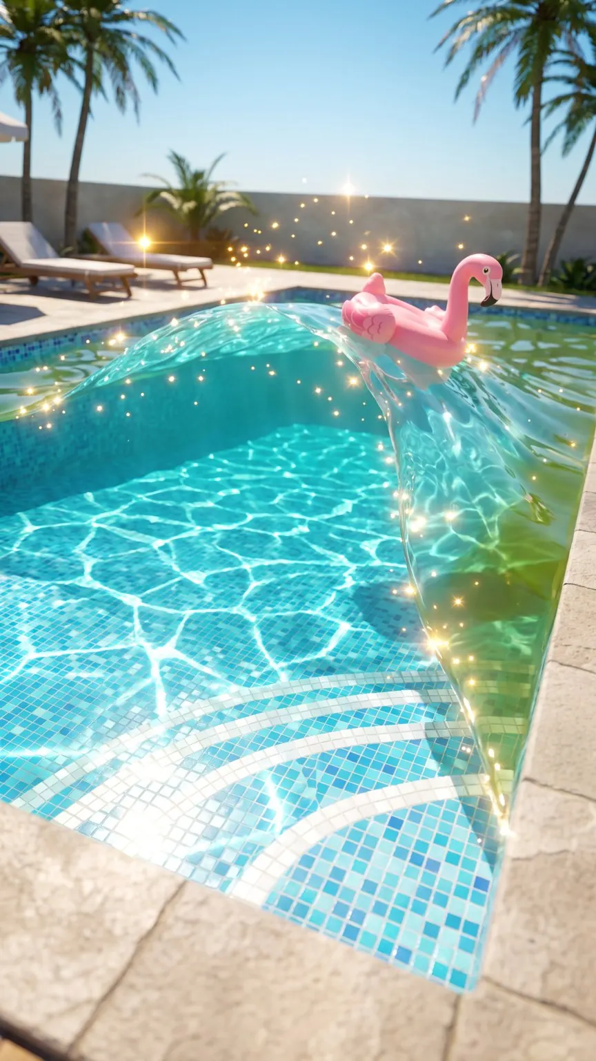 Piscina de agua turquesa y transparente con palmeras y un flotador de flamenco al fondo