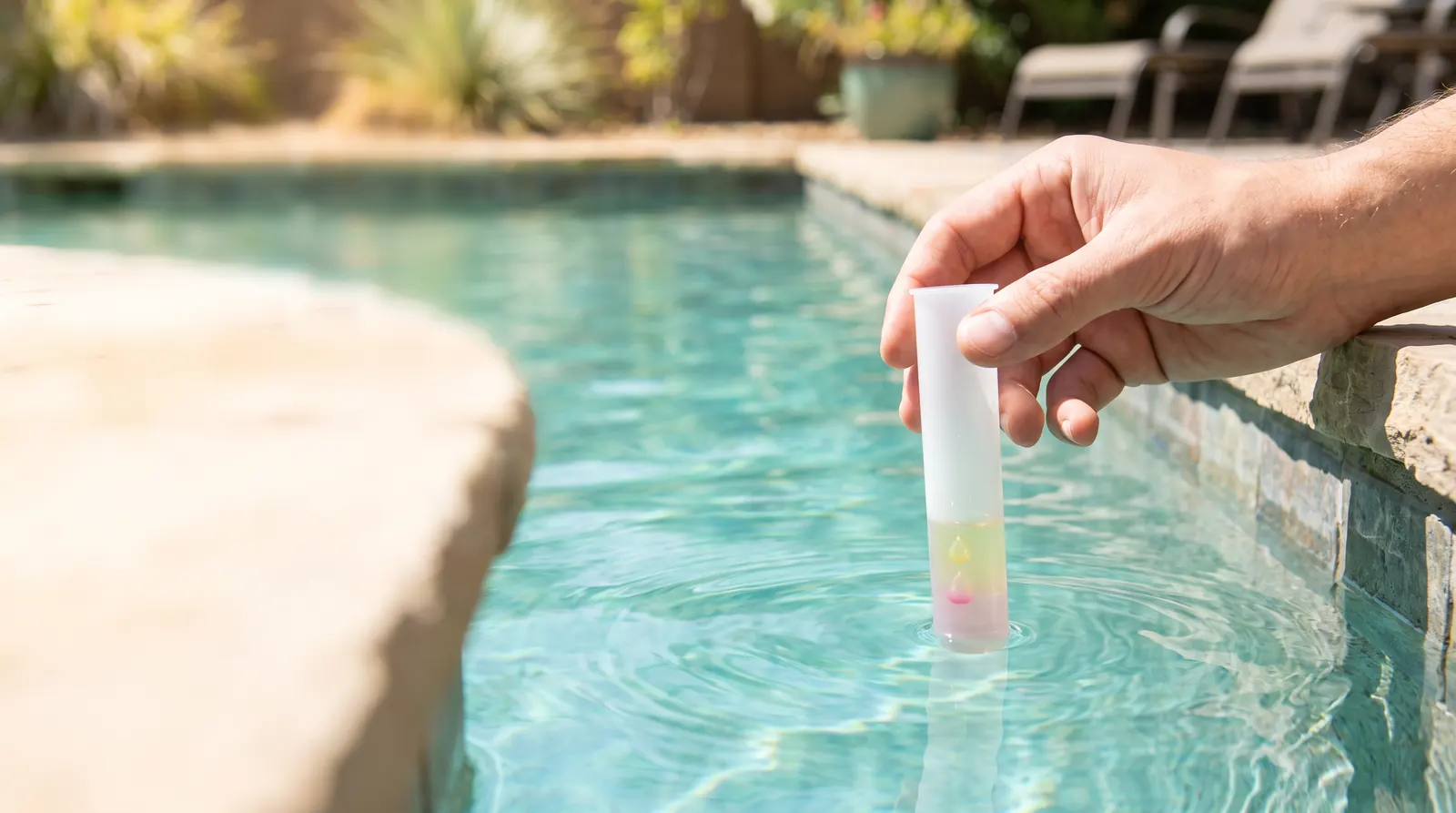 Mano sumergiendo un tubo de muestra en el agua turquesa de una piscina para medir el pH