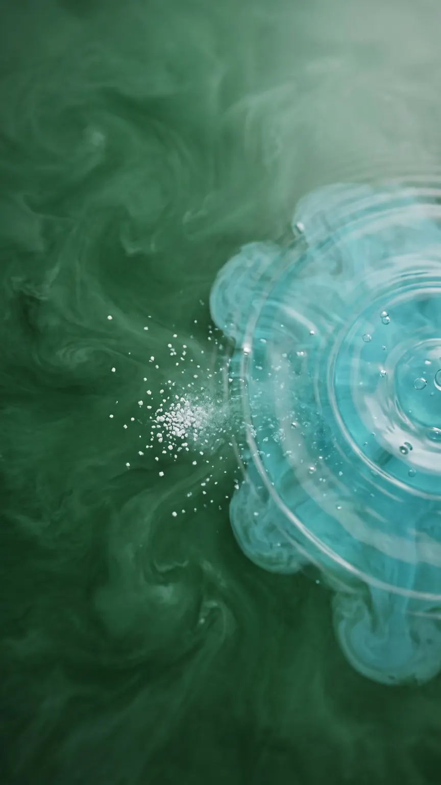 Producto granulado disolviéndose en el agua verde de una piscina