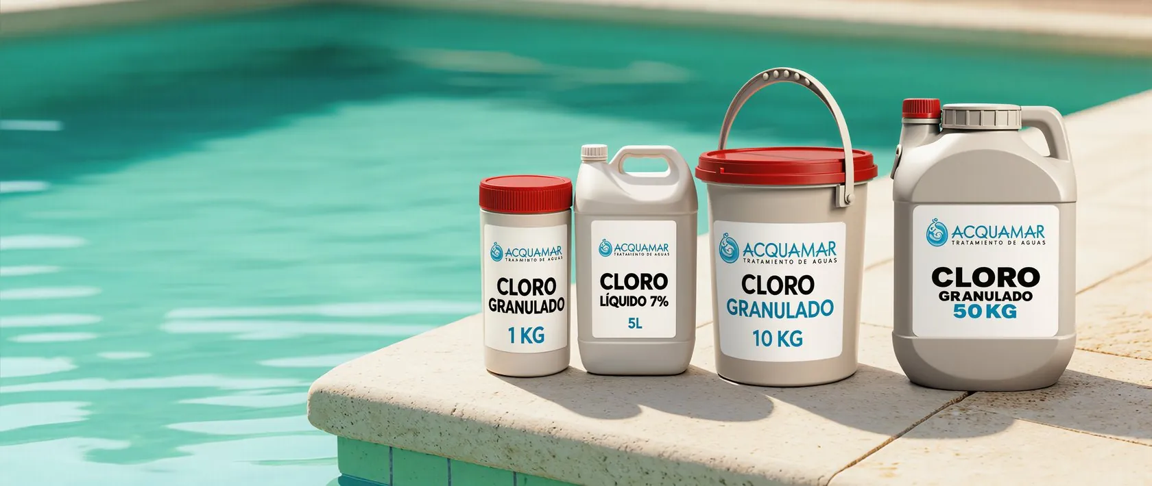 Envases de cloro granulado y cloro líquido Acquamar al borde de una piscina (imagen referencial)